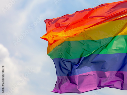 Celebration of pride month  Colourful rainbow flag hanging waving in the air with blue sky as background  Symbol of Gay  Lesbian  Bisexual and Transgender  LGBTQ community  Worldwide social movements.