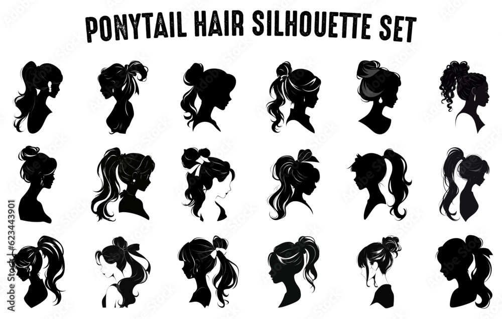 Ponytail Hair Silhouettes Vector set, Girl's hairstyles Silhouettes, women's hair silhouette collection, Hair black silhouettes illustration
