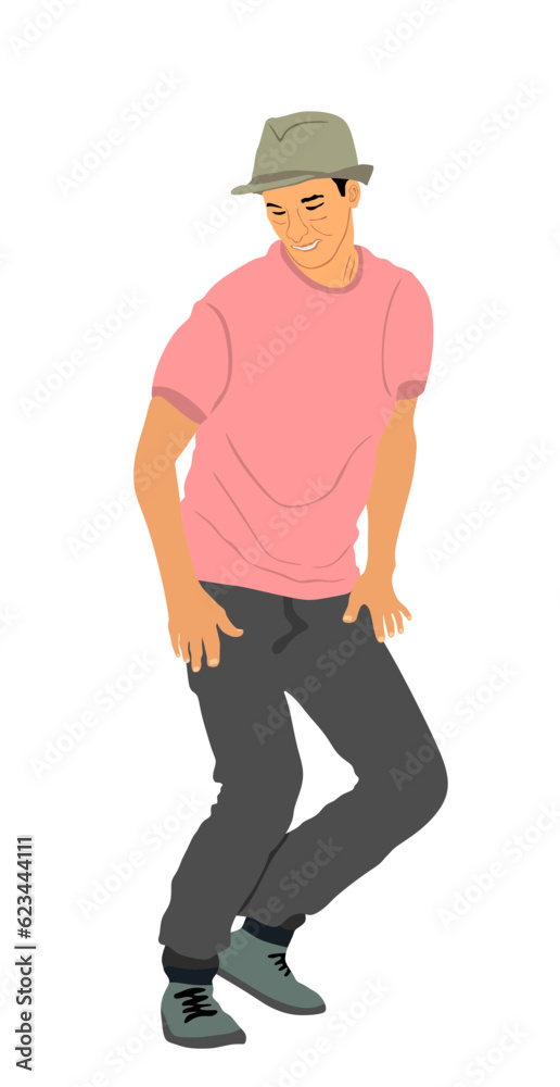 Modern style party dancer urban boy vector illustration isolated on white background. Happy man dancing performer. Handsome elegant boy with hat party animator. Summer beach music vibe. Chill out. Modern style party dancer urban boy vector illustration isolated on white background. Happy man dancing performer. Handsome elegant boy with hat party animator. Summer beach music vibe. Chill out.