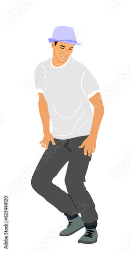 Modern style party dancer urban boy vector illustration isolated on white background. Happy man dancing performer. Handsome elegant boy with hat party animator. Summer beach music vibe. Chill out.