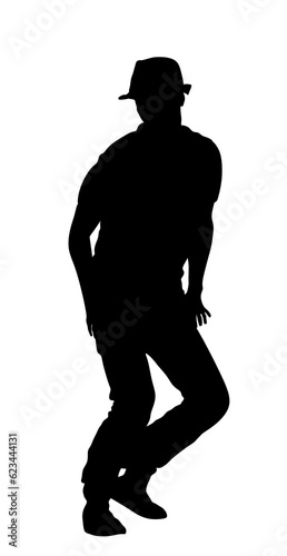 Modern style party dancer urban boy vector silhouette illustration isolated on white. Happy man dancing performer. Handsome elegant boy with hat party animator. Summer beach music vibe. Chill out.