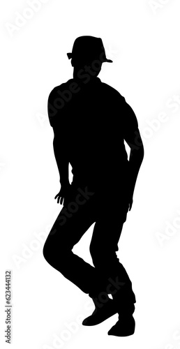 Modern style party dancer urban boy vector silhouette illustration isolated on white. Happy man dancing performer. Handsome elegant boy with hat party animator. Summer beach music vibe. Chill out.