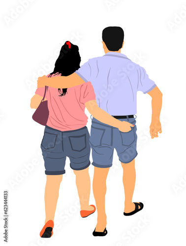 Happy couple in love in hug walking vector illustration isolated on white background. Boyfriend girlfriend hugging date. Woman and man closeness and tenderness in park outdoor. Tourist pick pocketing.
