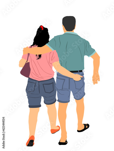 Happy couple in love in hug walking vector illustration isolated on white background. Boyfriend girlfriend hugging date. Woman and man closeness and tenderness in park outdoor. Tourist pick pocketing.