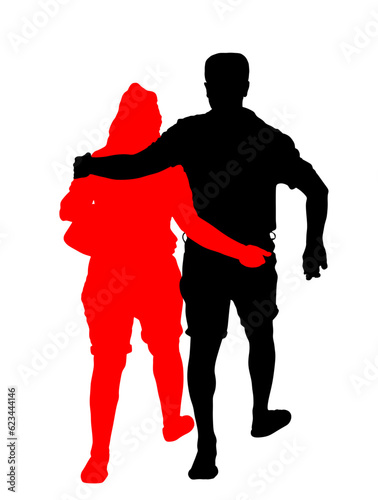 Happy couple in love in hug walking vector silhouette illustration isolated on white.  Boyfriend girlfriend hugging date. Woman and man closeness tenderness in park outdoor. Tourist pick pocketing.