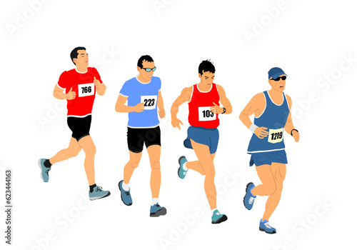 Group of marathon racers running on race vector illustration isolated on white background. Sprinter runner competition. Sport man activity. Athlete boy in start of race. Muscular male. Urban street.