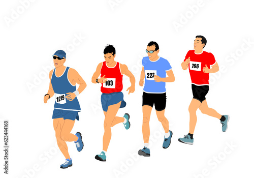 Group of marathon racers running on race vector illustration isolated on white background. Sprinter runner competition. Sport man activity. Athlete boy in start of race. Muscular male. Urban street.