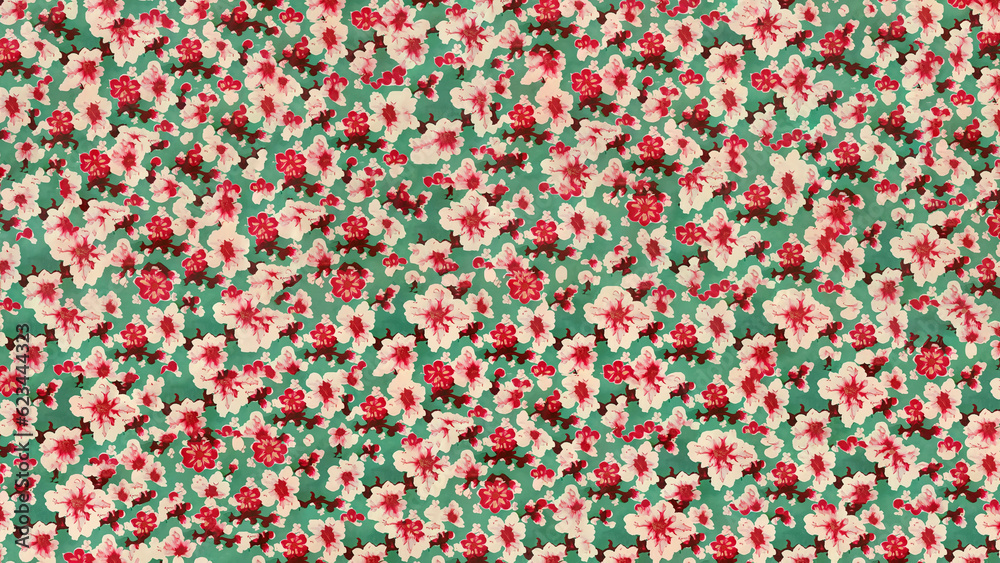 a wallpaper pattern of spring cherry blossoms red and green 