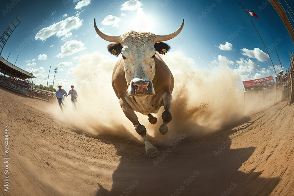 Bucking bull riding in the dusty arena of a country rodeo,