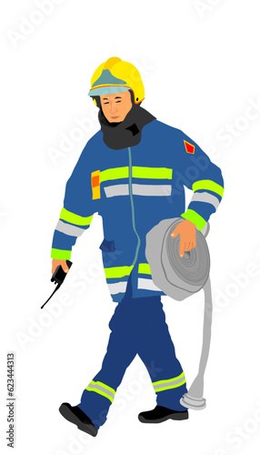 Fireman with fire hose vector illustration isolated on white background. Fireman in protect gear and helmet on duty. Man firefighter after intervention carries equipment. Fire control education.