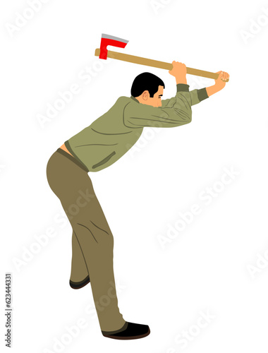 Lumberjack with ax vector illustration isolated on white background. Landscaper woodpecker on duty. Logger worker. Lumberman in action. Woodcutter man hold axe. Forester worker. hatchet wood work.