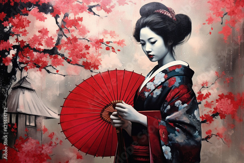 Fototapeta geisha in Japan with cherry tree and umbrella