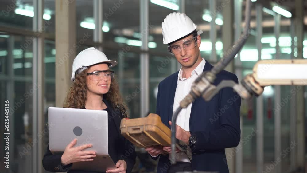 business man and woman testing automatic robotic arm machine in factory industrial . Owner or entrepreneur checks and control progress technology of robot arm system welding business man and woman testing automatic robotic arm machine in factory industrial . Owner or entrepreneur checks and control progress technology of robot arm system welding