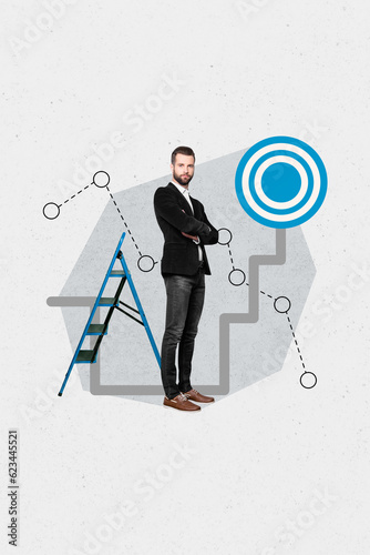 Vertical collage picture of confident businessman wear formal clothes folded arms growth ladder target leader isolated on white background