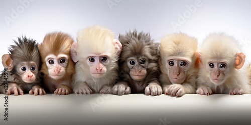 Wildlife zoo safari africa monkeys animals banner panorama long - Collection close up of group of monkey family with baby portrait, isolated on white background.
