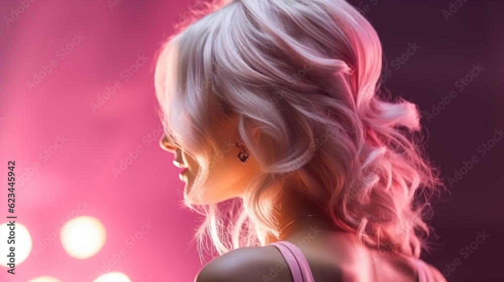 trendy women's hair styling blonde large curls. girl in profile with professional hair styling, back view. Pink shades trendy women's hair styling blonde large curls. girl in profile with professional hair styling, back view. Pink shades
