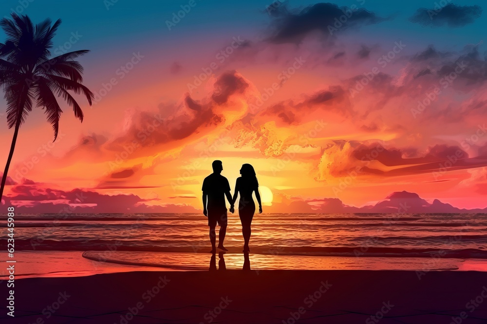 Romantic couple silhouette on the beach at sunset watching horizon. Generative AI