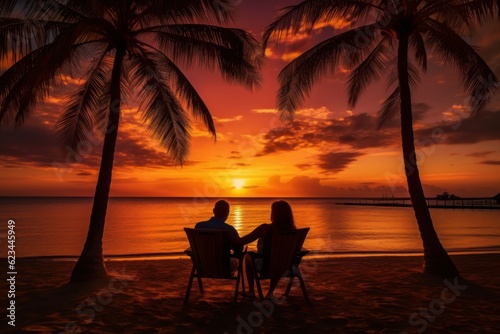 Couple relaxing at tropical beach resort and talking together at sunset, summer vacation holidays destination. Generative AI 2