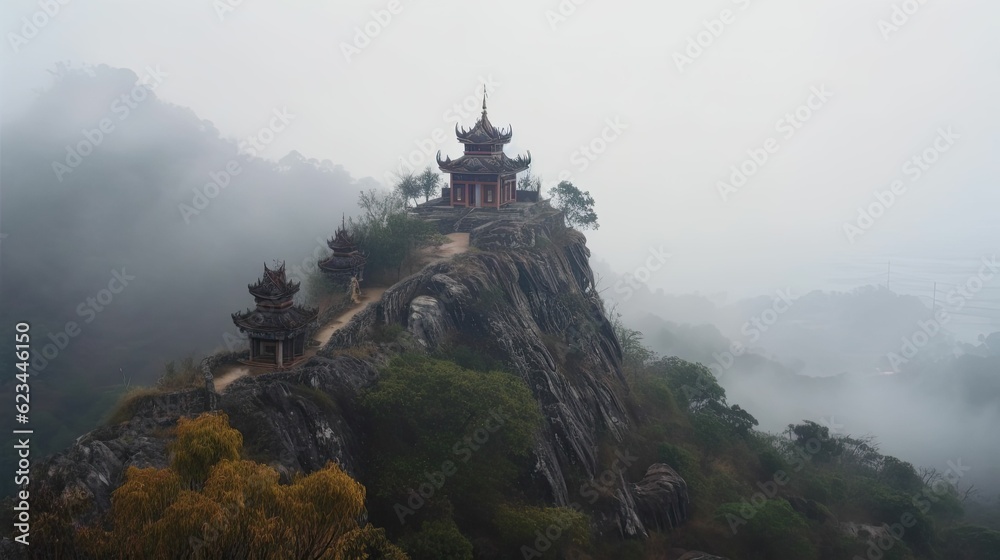 Misty Mountains Landscape with a Chinese Temple,
