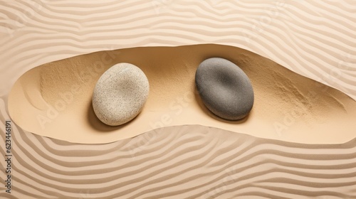 Three stones in the sand on a wooden background. Zen concept.