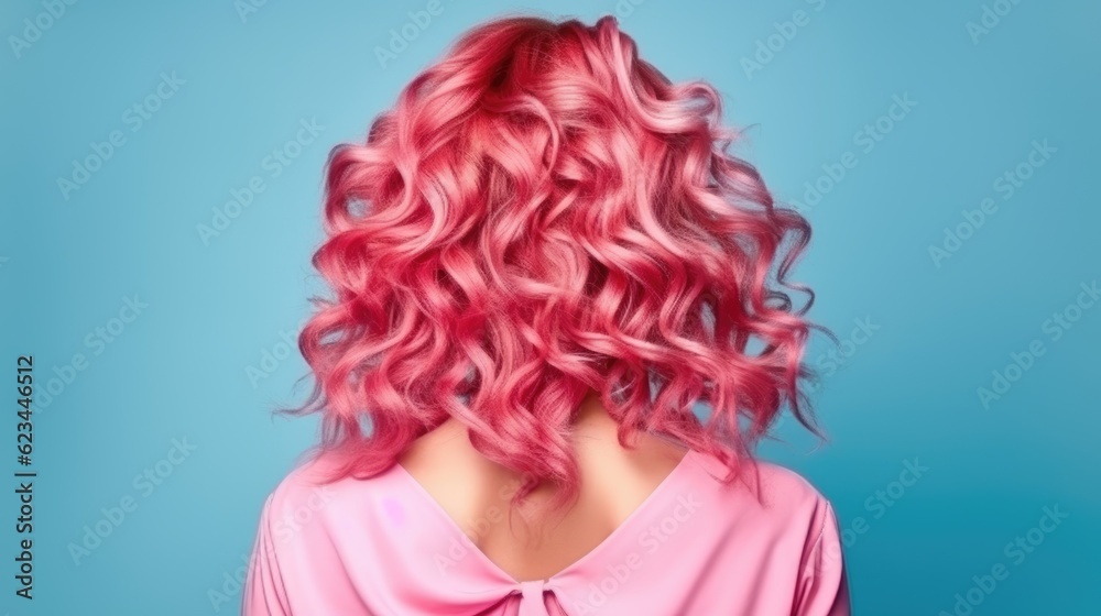 trendy women's hair styling blonde large curls. girl with professional hair styling, back view. Pink shades