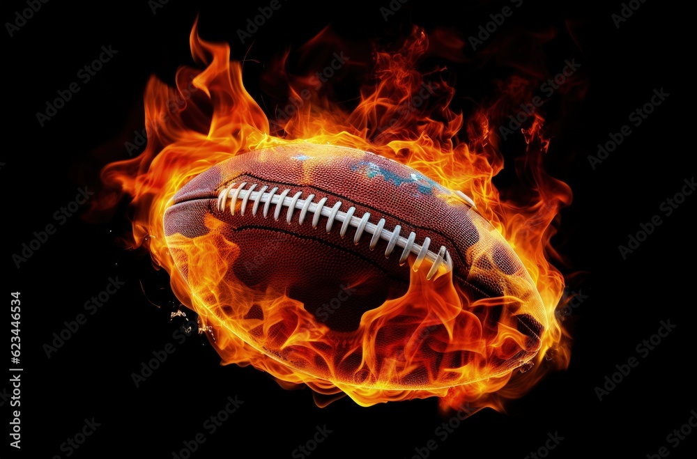American football ball on fire, black background, sports concept. Generative AI American football ball on fire, black background, sports concept. Generative AI