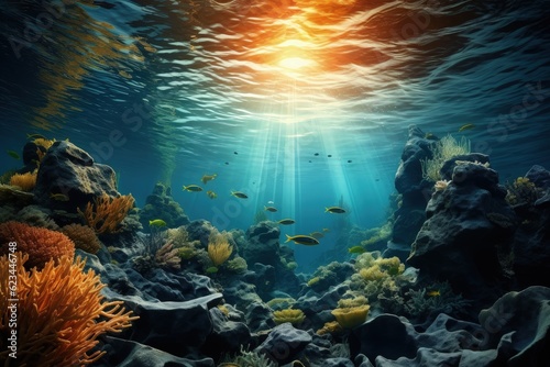Seabed scene with fish corals, marine life concept. Generative AI © Deivison
