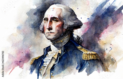 Watercolour painting of George Washington a Founding Father of the United States of America who served as the first president, computer Generative AI stock illustration photo