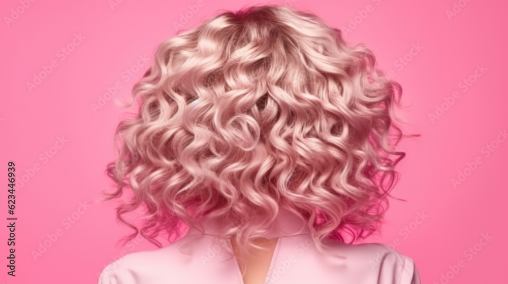 trendy women's hair styling blonde large curls. girl with professional hair styling, back view. Pink shades