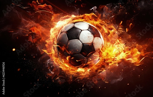 Soccer ball on fire, sports concept, black background. Generative AI
