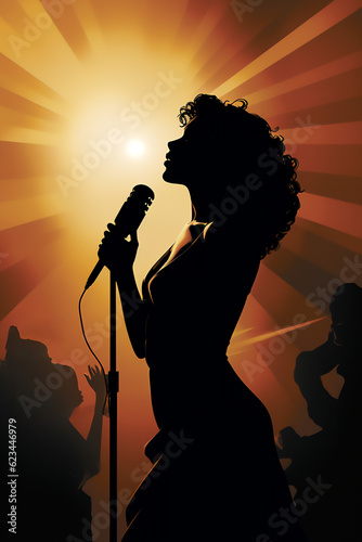 Silhouette of a female diva vocalist singing with a microphone which is used by a singer in a performance at a concert in a hall or club, Generative AI stock illustration image