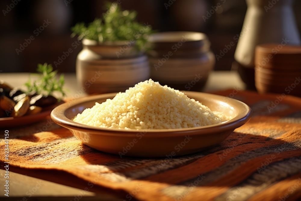 Plate with couscous on the table, Brazilian food. Generative AI Plate with couscous on the table, Brazilian food. Generative AI