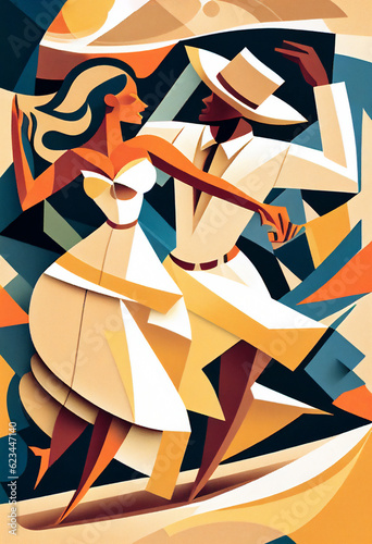 Latin American Hispanic male and female couple dancing the ballroom Calypso dance shown in an abstract cubist style painting for a poster or flyer, computer Generative AI stock illustration image