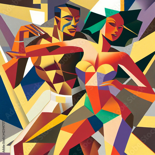 Latin American Hispanic male and female couple dancing the ballroom Calypso dance shown in an abstract cubist style painting for a poster or flyer, computer Generative AI stock illustration image