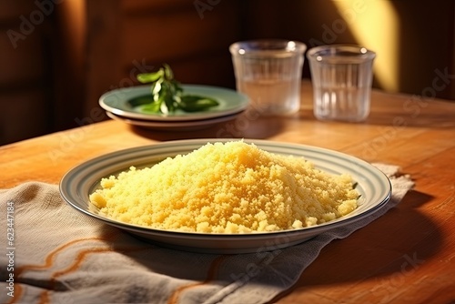 Plate with couscous on the table, Brazilian food. Generative AI
