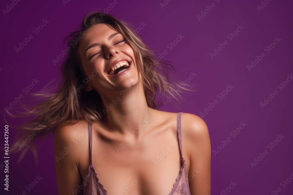Medium shot portrait photography of a happy girl in her 30s wearing a stylish swimsuit against a deep purple background. With generative AI technology Medium shot portrait photography of a happy girl in her 30s wearing a stylish swimsuit against a deep purple background. With generative AI technology