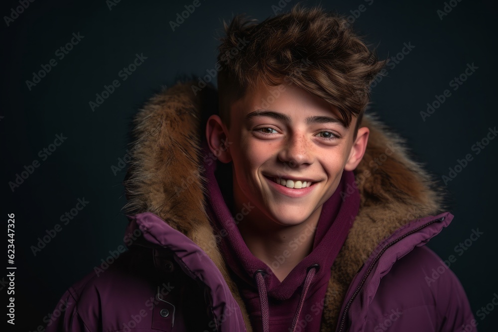Close-up portrait photography of a grinning boy in his 20s wearing a cozy winter coat against a deep purple background. With generative AI technology Close-up portrait photography of a grinning boy in his 20s wearing a cozy winter coat against a deep purple background. With generative AI technology