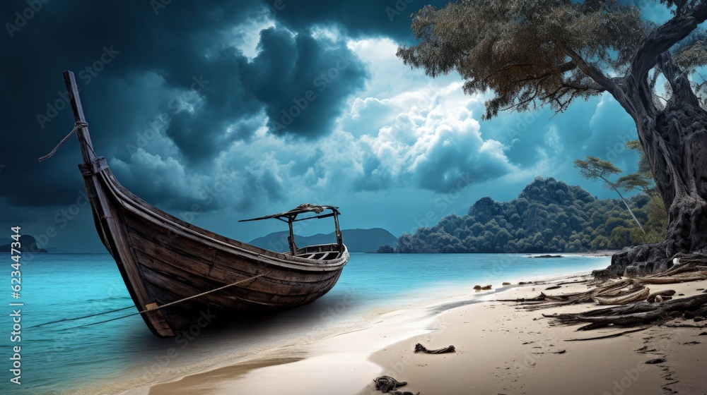 Obraz premium Landscape with boat on the beach, sea and sky in the background. Generative AI