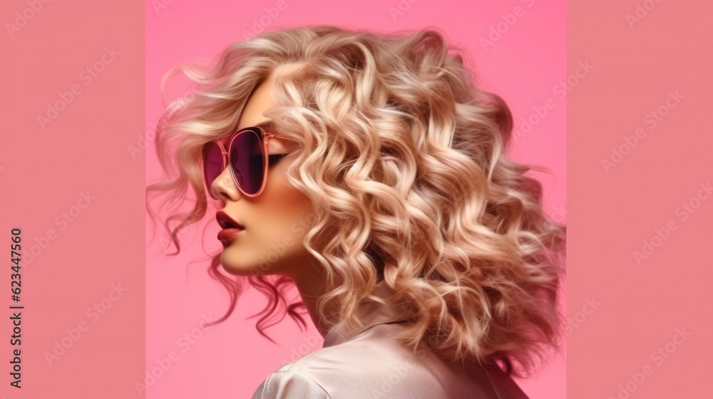 trendy women's hair styling blonde large curls. girl in profile with professional hair styling, back view. Pink shades