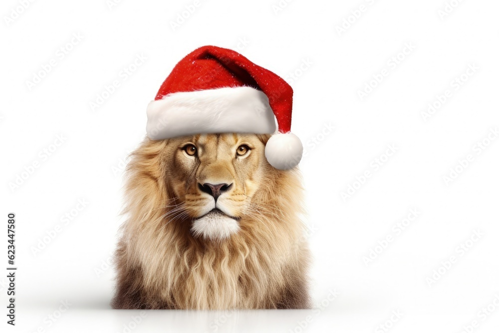Lion with Santa hat, christmas concept. Generative AI