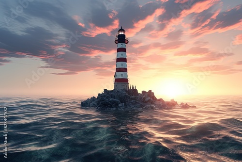 Landscape with lighthouse in the middle of the sea. Generative AI