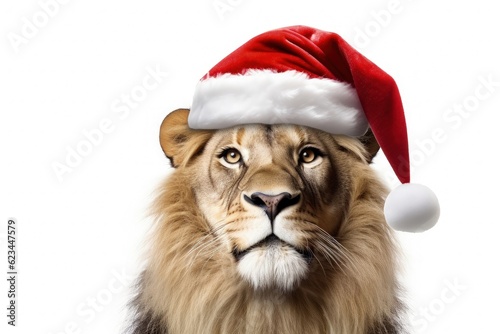 Lion with Santa hat, christmas concept. Generative AI © Deivison