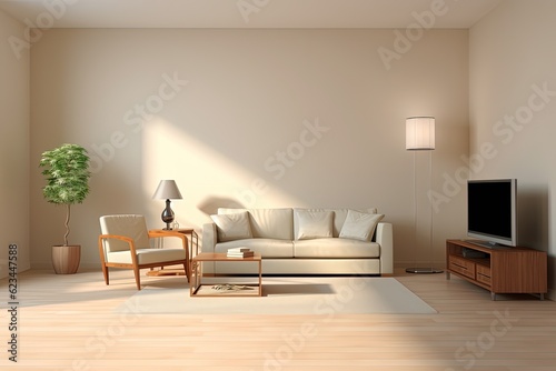 Modern living room with sofa  light gray tones  architecture concept. Generative AI