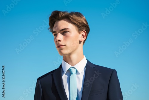 Headshot portrait photography of a tender boy in his 20s wearing a sleek suit against a sky-blue background. With generative AI technology