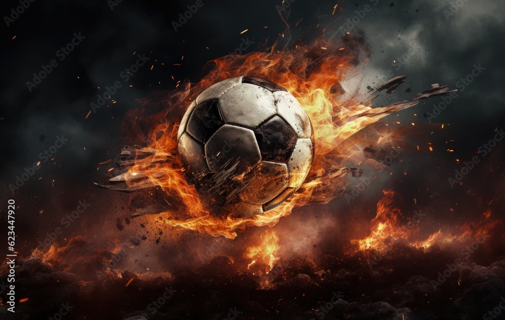 Fototapeta premium Soccer ball on fire, sports concept, black background. Generative AI