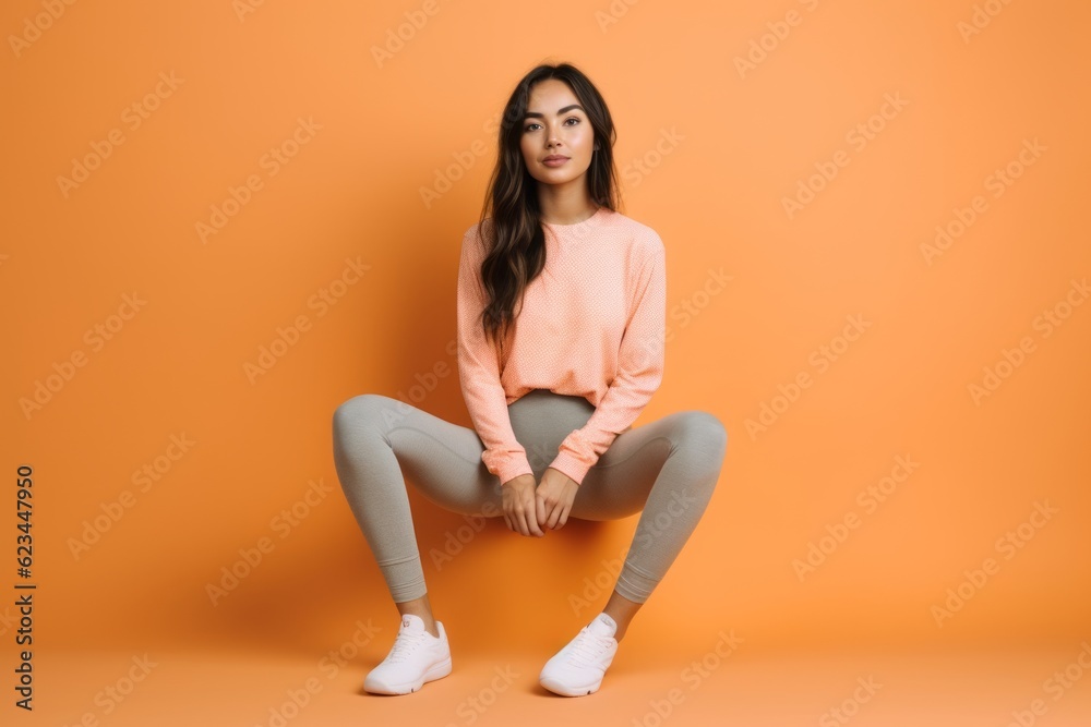 Lifestyle portrait photography of a glad girl in her 20s wearing a pair of leggings or tights against a pastel orange background. With generative AI technology Lifestyle portrait photography of a glad girl in her 20s wearing a pair of leggings or tights against a pastel orange background. With generative AI technology