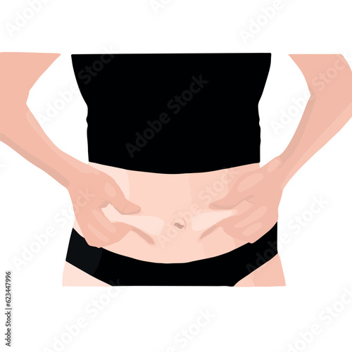 Women touch fat on the belly with excessive weight. loose and excess skin on the abdomen.