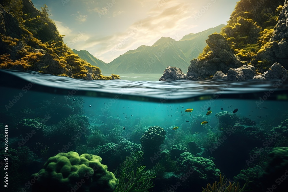 Seabed scene with fish corals, marine life concept. Generative AI