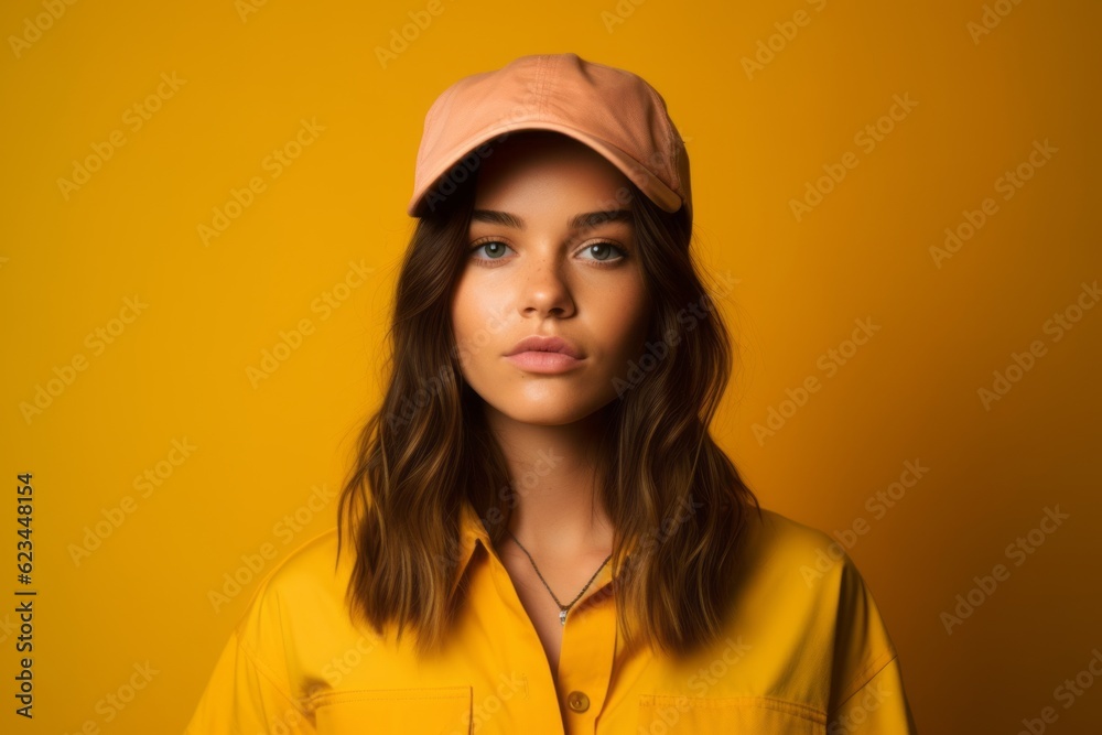 Environmental portrait photography of a glad girl in her 20s wearing a cool cap or hat against a yellow background. With generative AI technology Environmental portrait photography of a glad girl in her 20s wearing a cool cap or hat against a yellow background. With generative AI technology