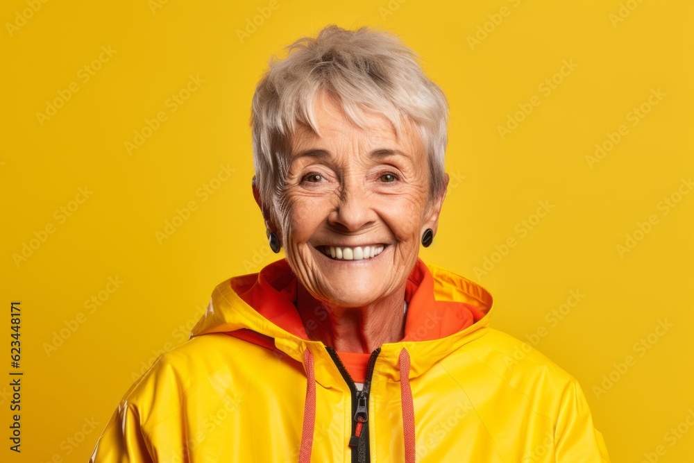 Headshot portrait photography of a happy old woman wearing a comfortable tracksuit against a yellow background. With generative AI technology Headshot portrait photography of a happy old woman wearing a comfortable tracksuit against a yellow background. With generative AI technology
